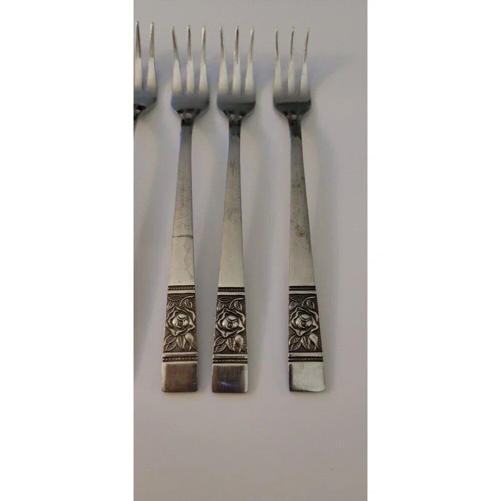 Set of 8 VTG National Stainless Laureen Rose Cocktail Forks Stainless Flatware